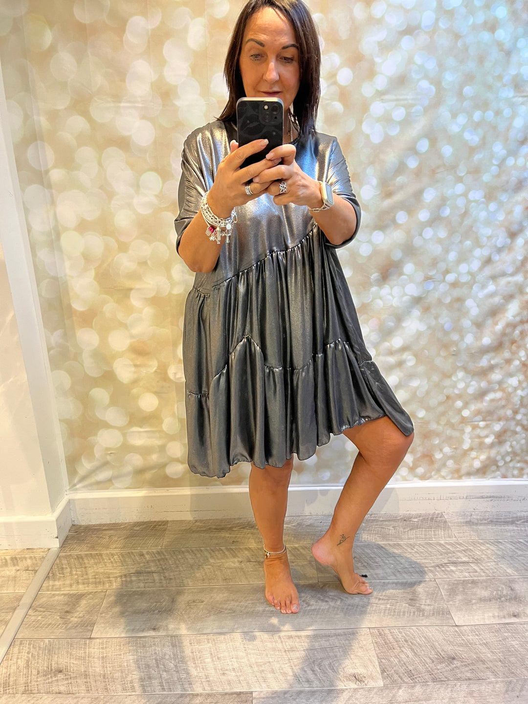 Silver Metallic Mini Swing Dress