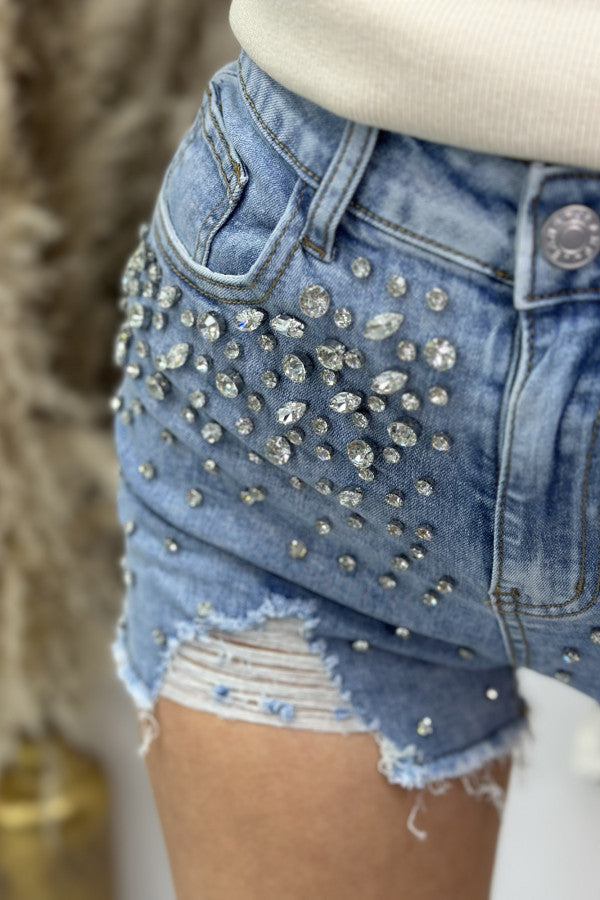 Blue Denim Shorts Ripped Front Embellished With Silver Rhinestons