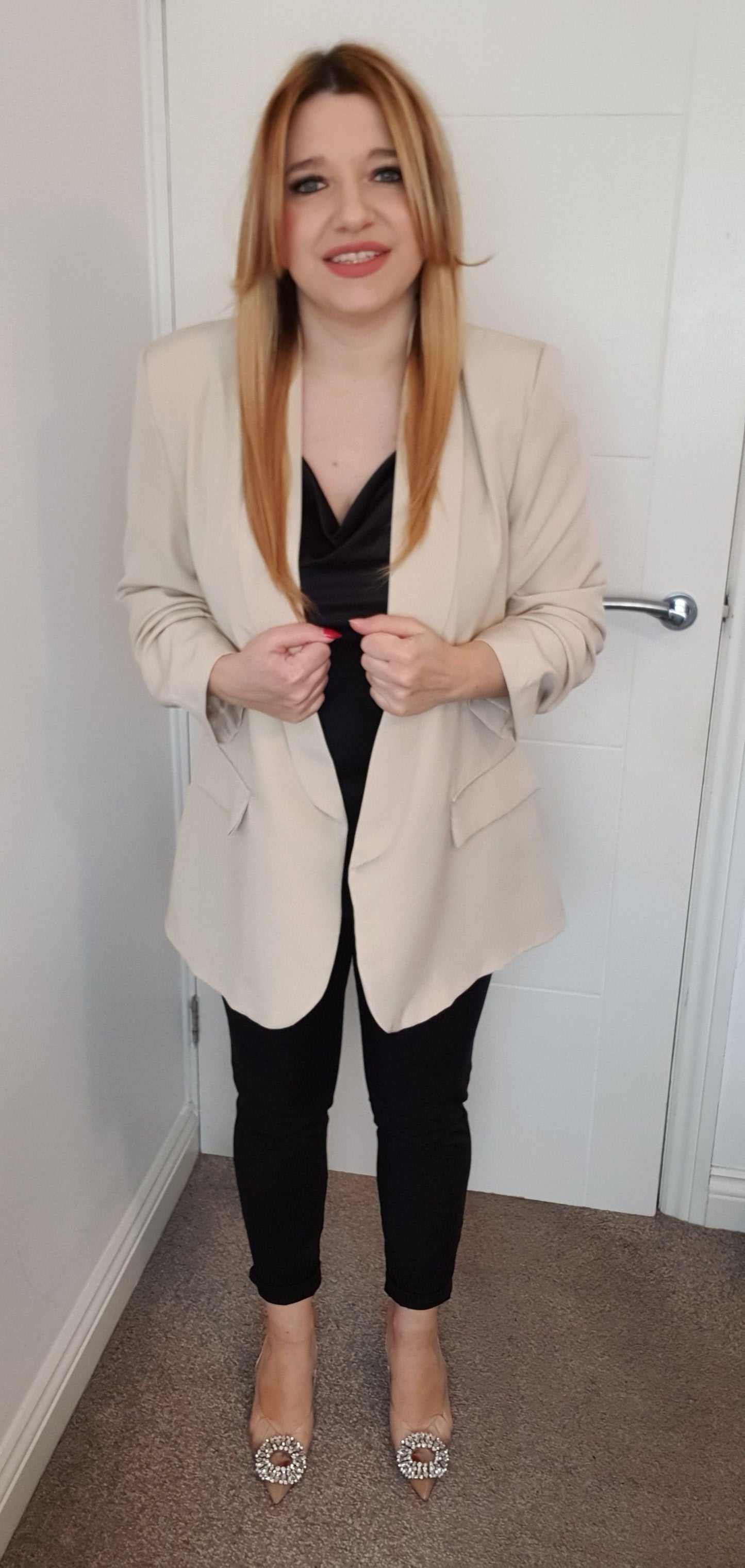 Beige Ruched Sleeve Blazer One Size 8-14 UK