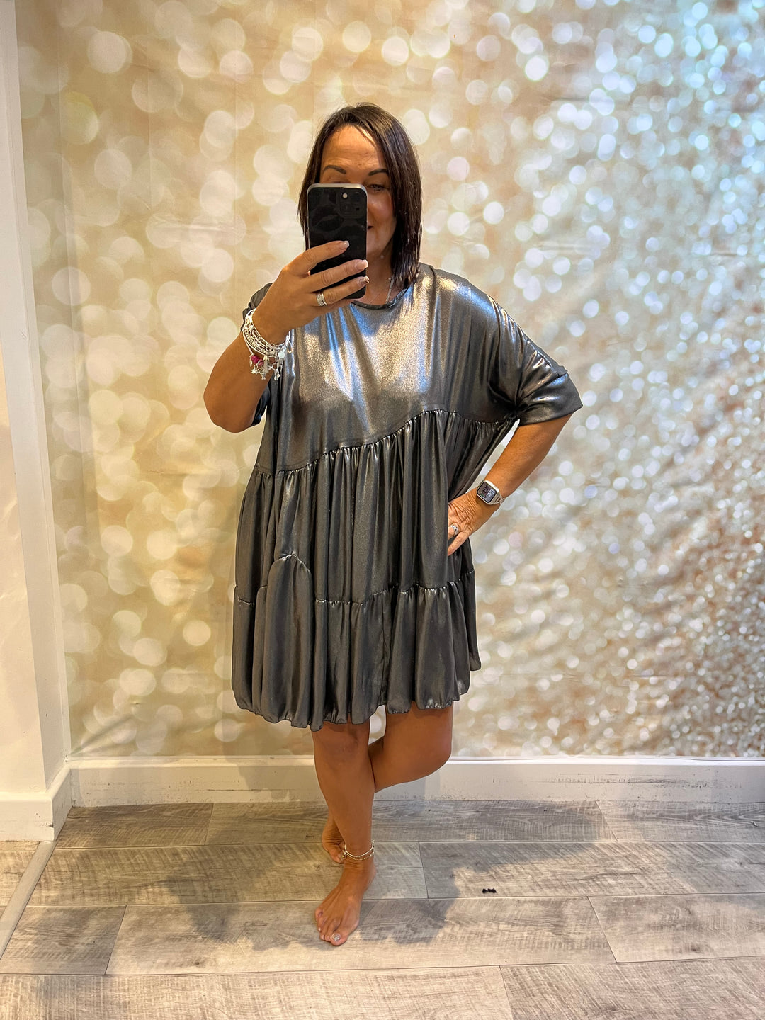 Silver Metallic Mini Swing Dress