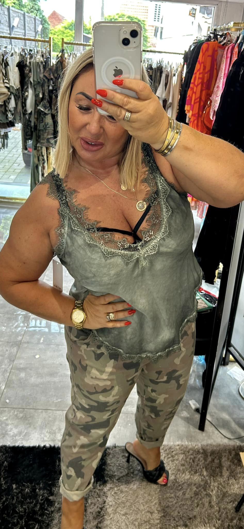 Khaki Lace Satin Vest Top