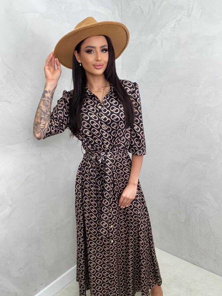 Brown Geometric Print Maxi Short Sleeve Dress