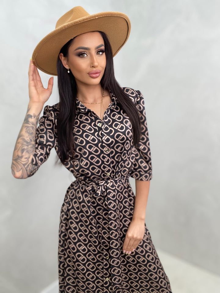 Brown Geometric Print Maxi Short Sleeve Dress