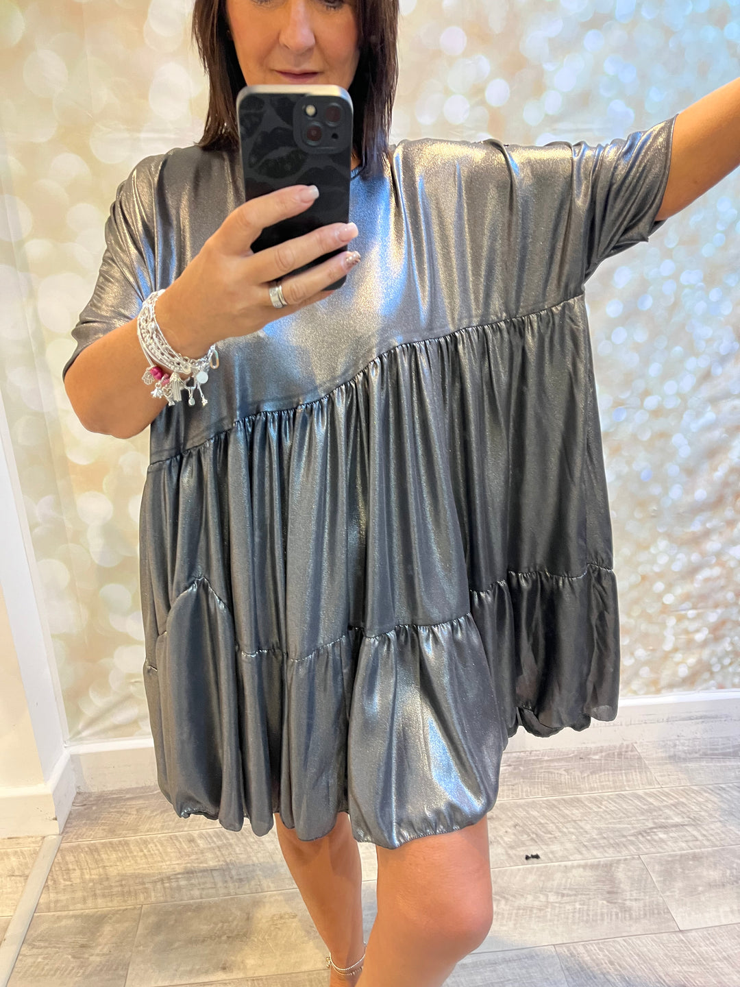 Silver Metallic Mini Swing Dress