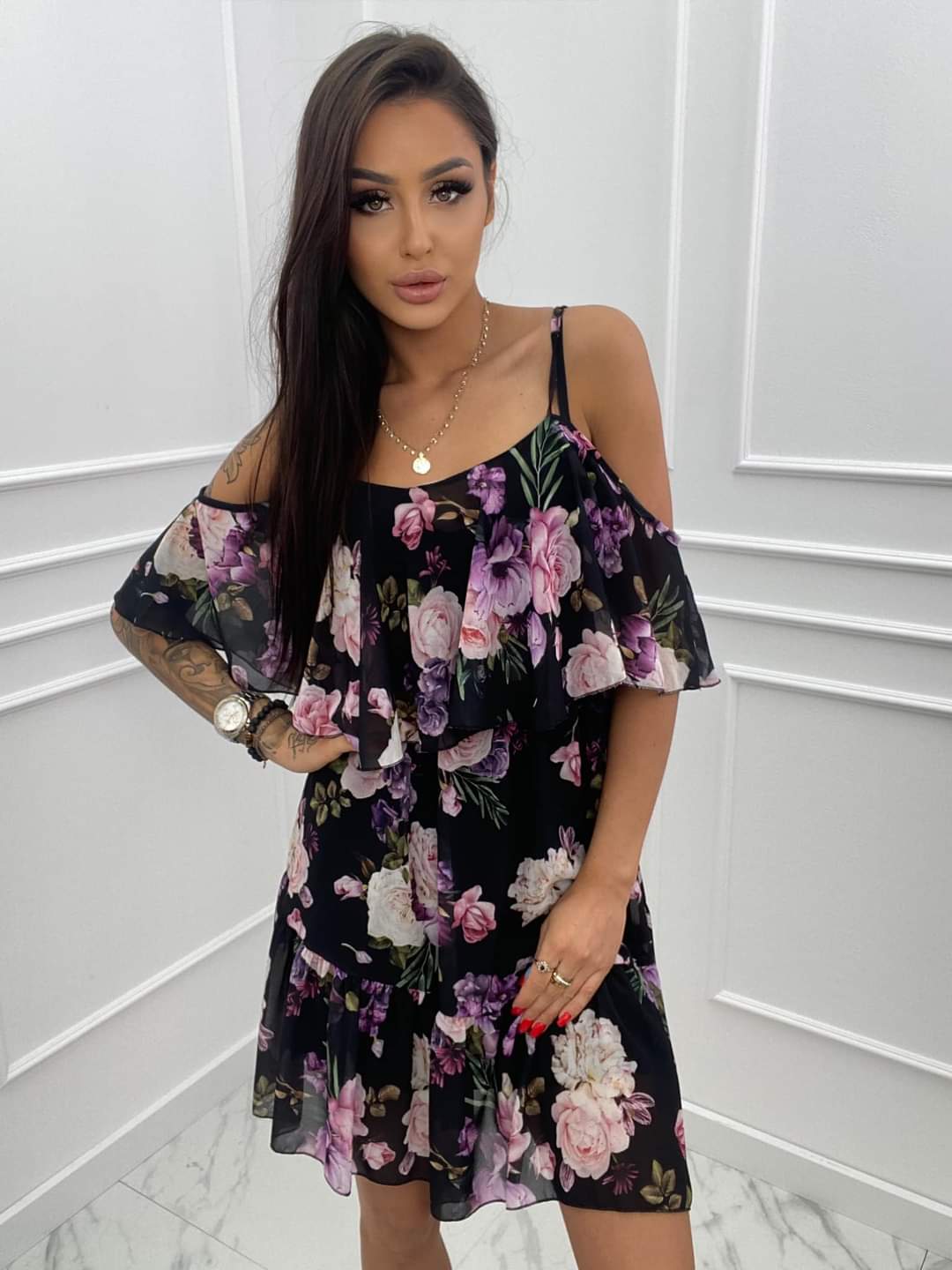 Black Short Cami Skater Dress Floral Pattern