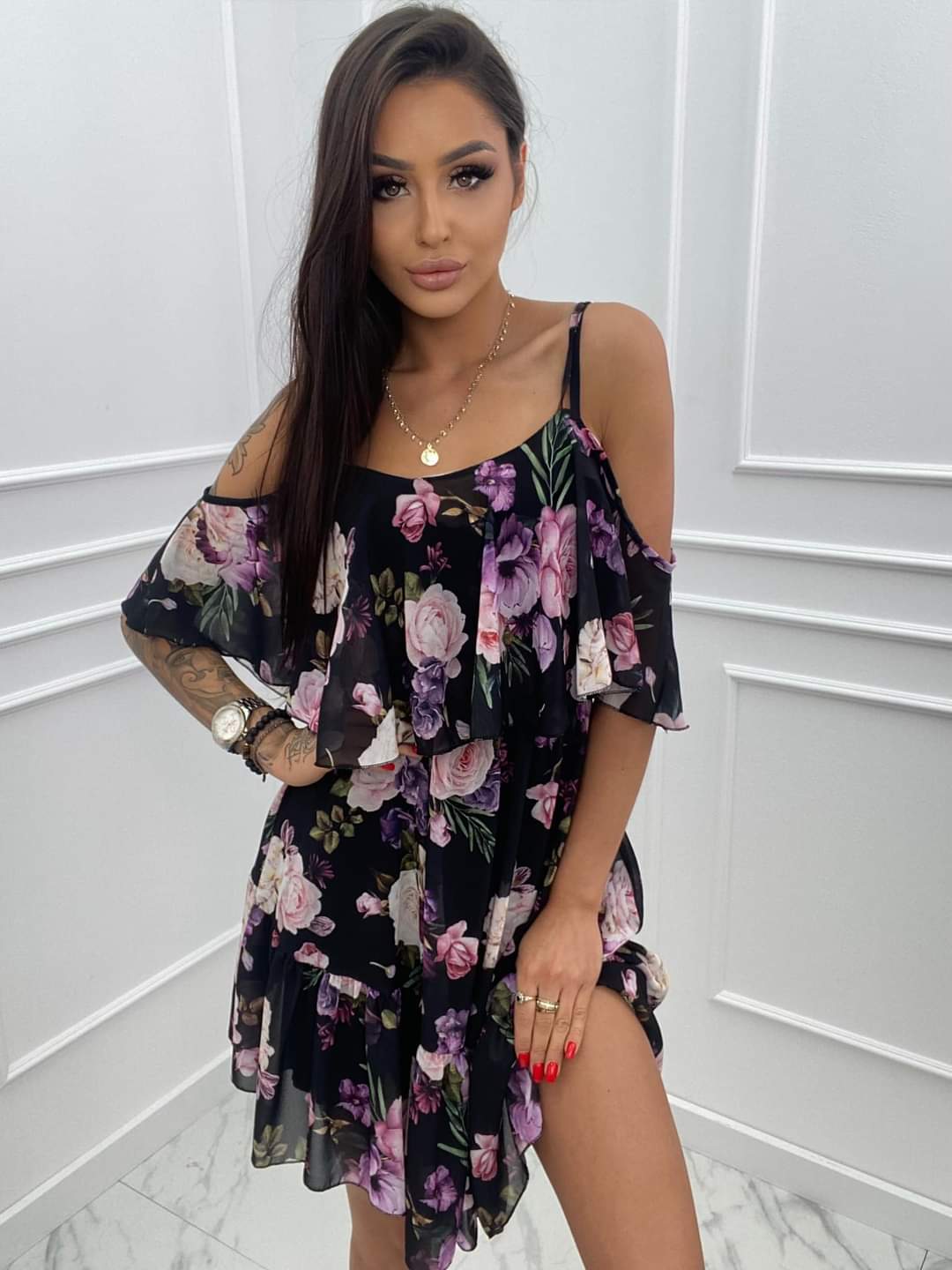 Black Short Cami Skater Dress Floral Pattern