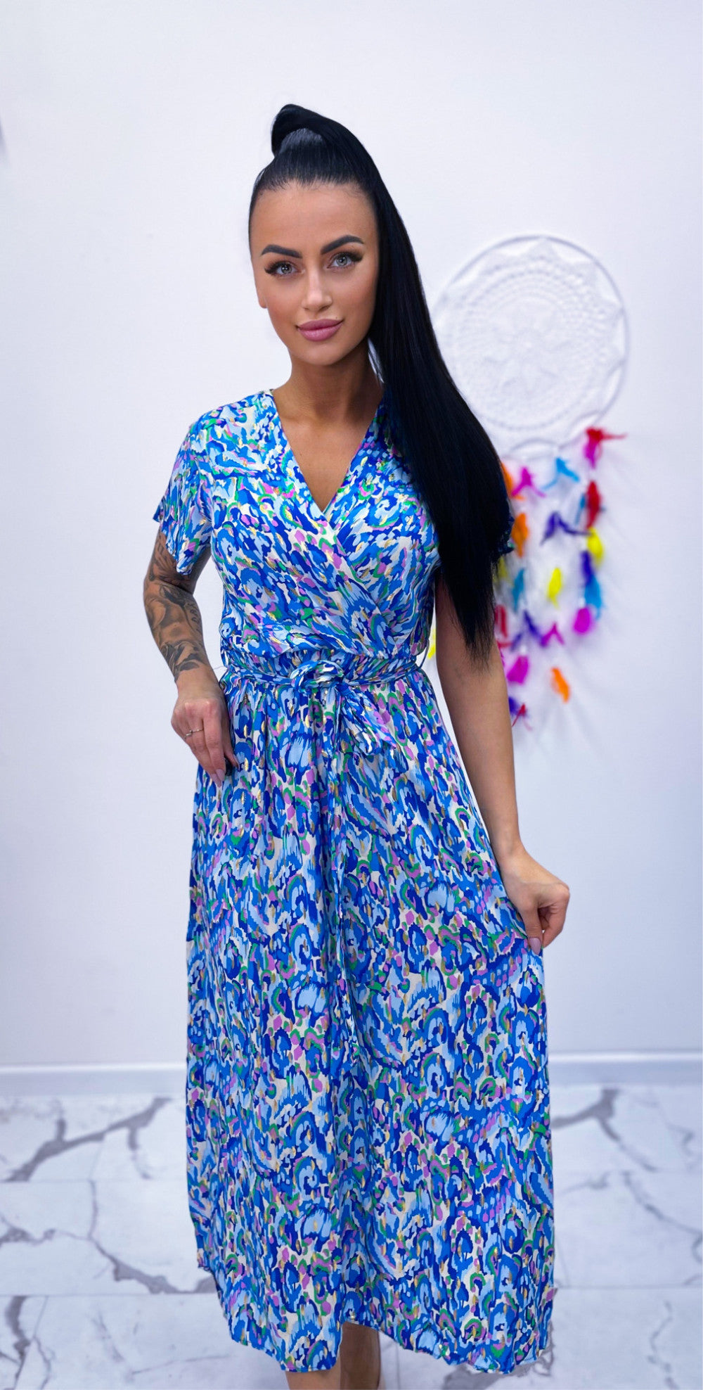 Maxi Blue Leopard Print Dress Short Sleeve