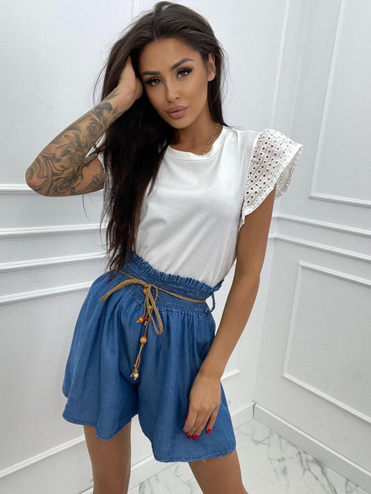 Blue Denim Lyocell Wide Leg Shorts With Belt