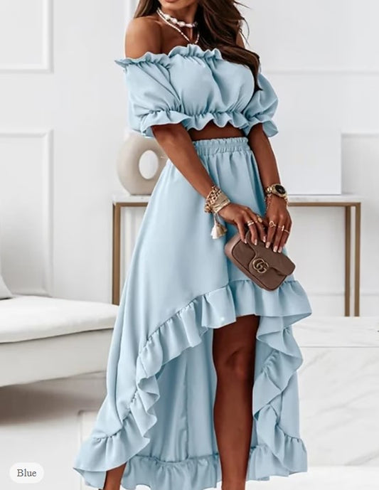Blue Two Piece Co-ord Set Crop Top And Skirt