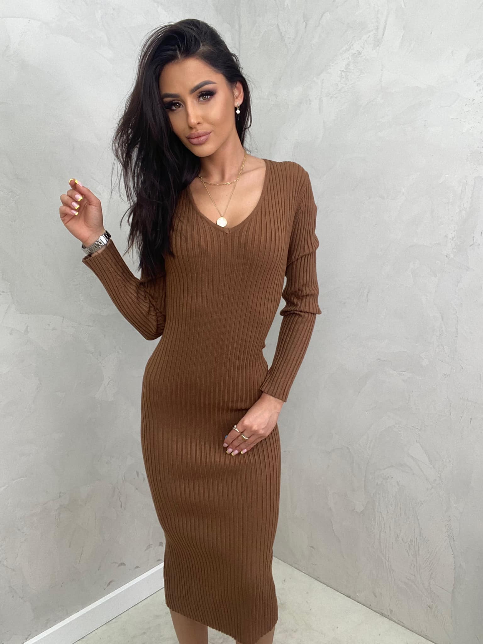 Brown Midi Ribbed Jumper Dress – Stylenchic - Main Image