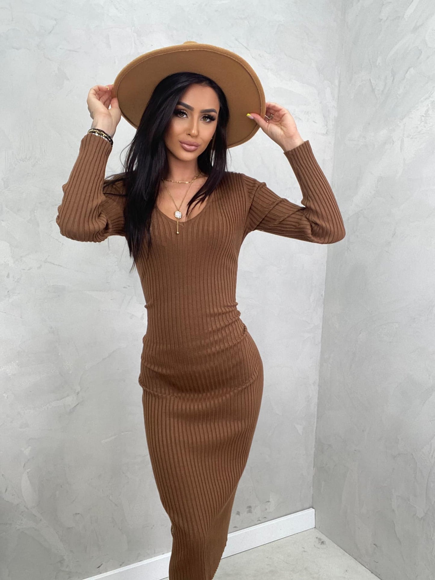Brown Midi Ribbed Jumper Dress