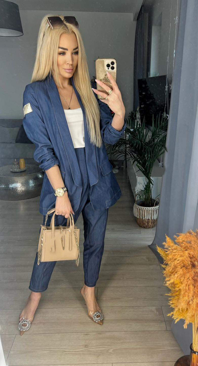Blue Jeans Style Suit Open Blazer with High Waisted Cigarette Trousers