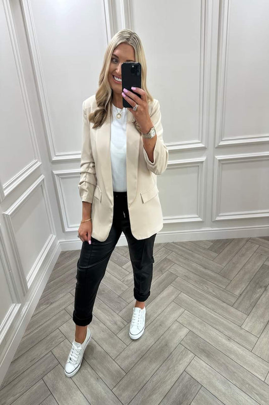 Beige Ruched Sleeve Blazer One Size 8-14 UK