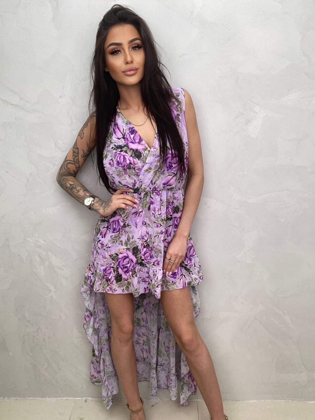 Purple A Line Asymmetrical Dress Floral Print One Size
