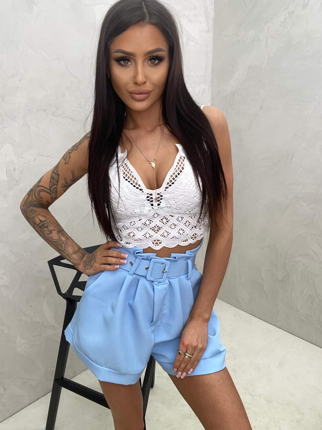 Baby Blue High Waist Plicated Detail Belted Shorts One Size 8-12 UK