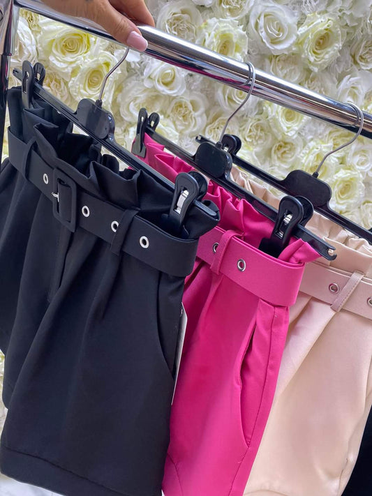 Black High Waist Plicated Detail Belted Shorts One Size 8-12 UK