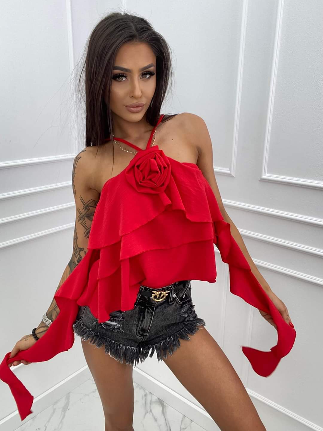 Red Cami Blouse Top With Rose