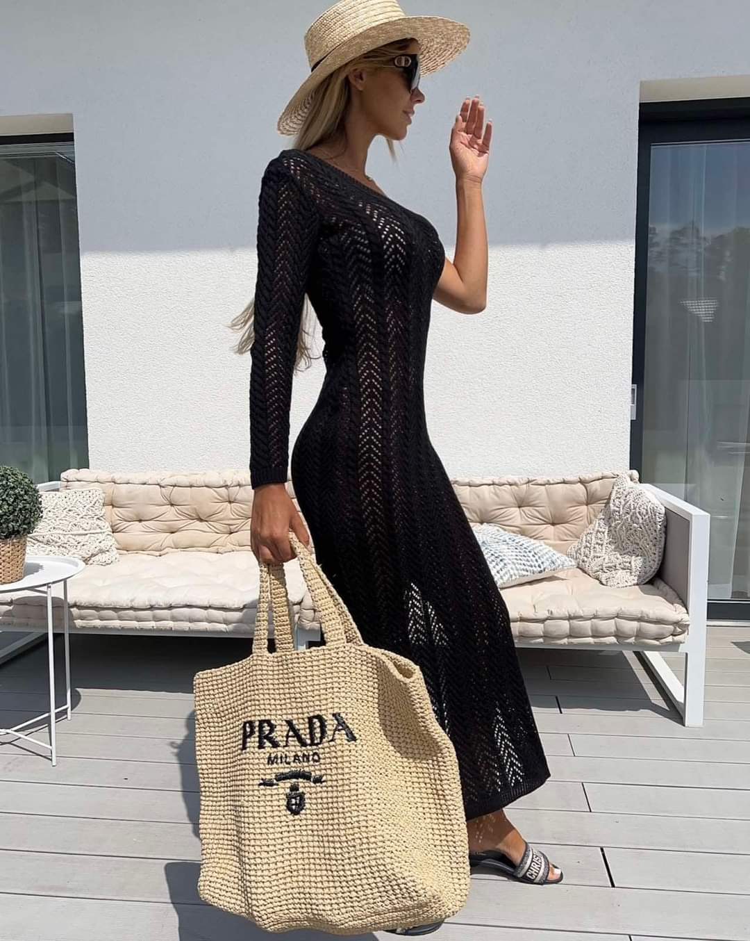 Black Crochet One Sleeve Maxi Dress