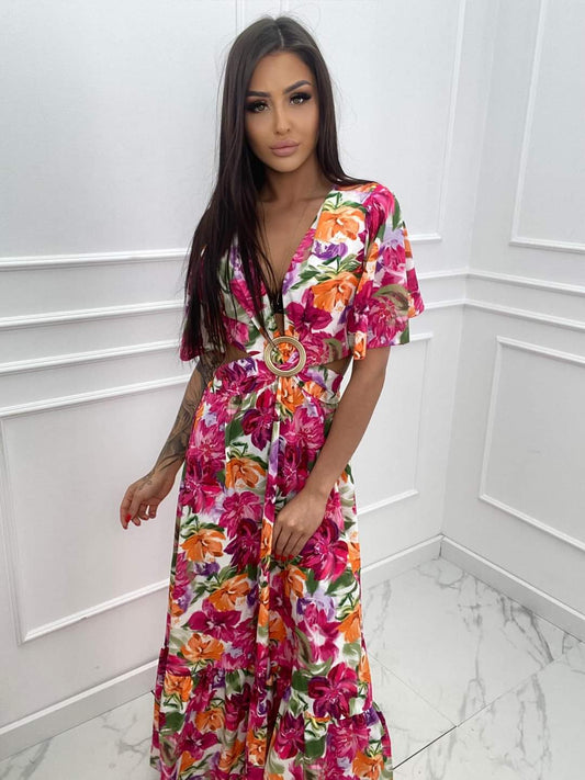 Maxi Pink Dress Floral Pattern Short Sleeve