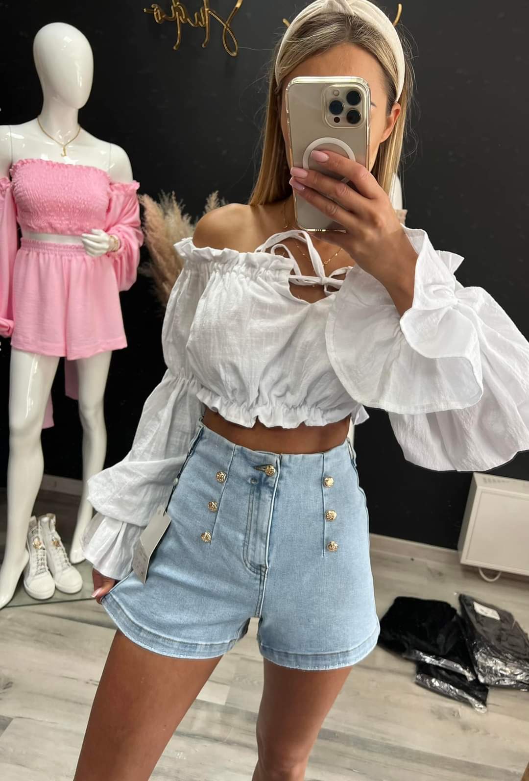 High Waist Blue Denim Shorts With Golden Buttons