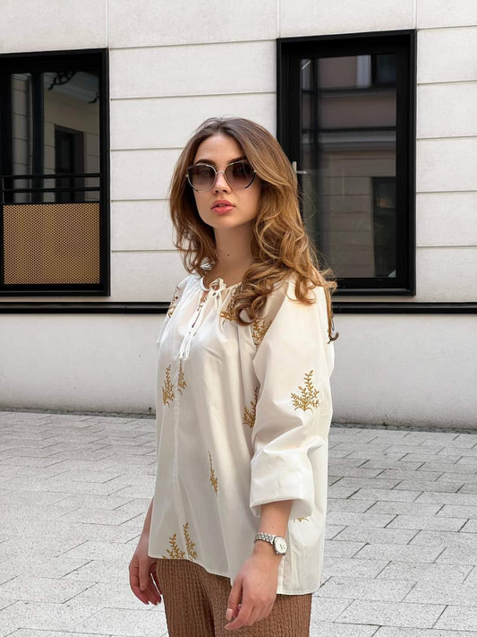 White Cotton Boho Style Embroidered Blouse, Shirt