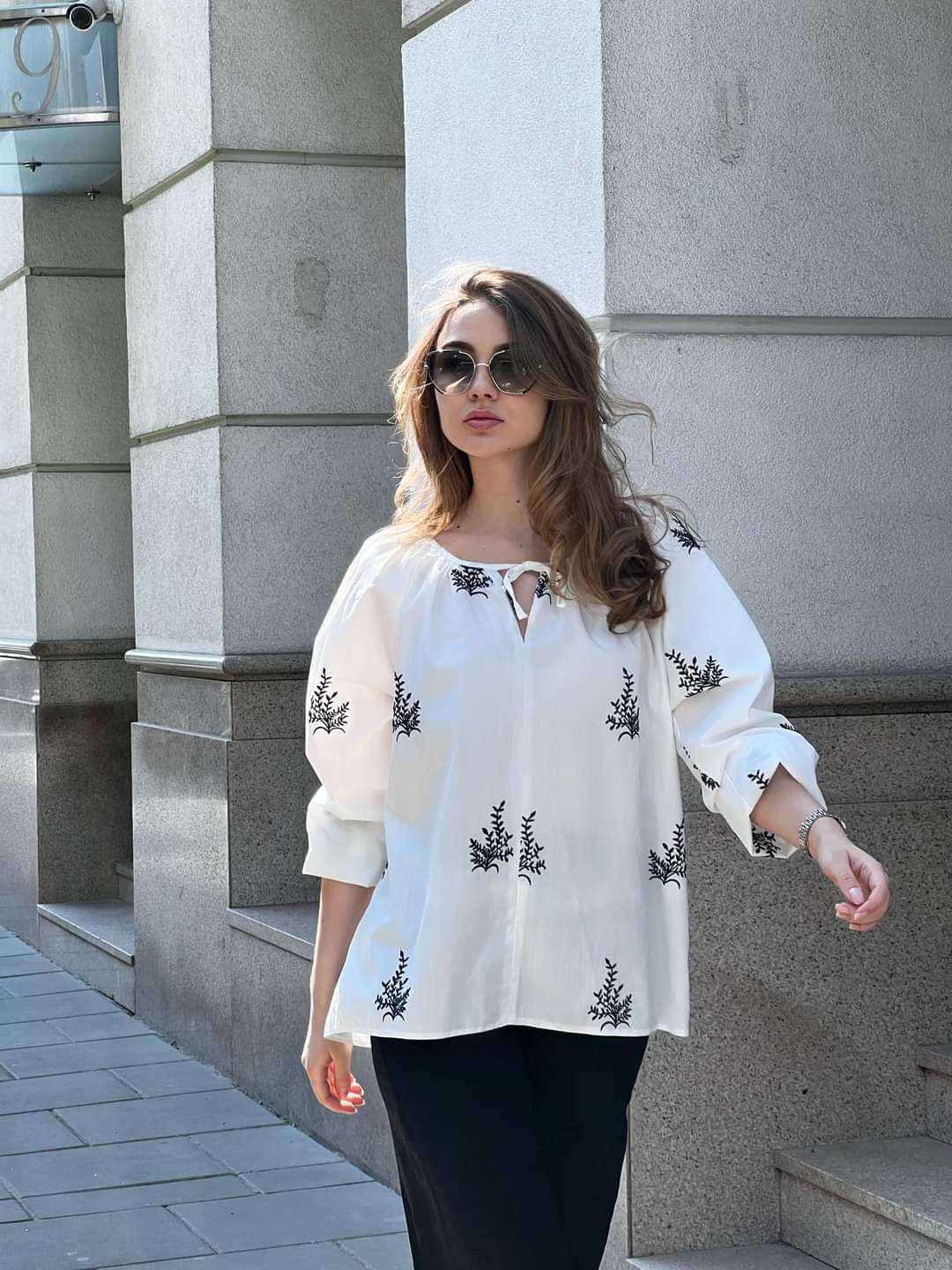White Cotton Boho Style Embroidered Blouse, Shirt