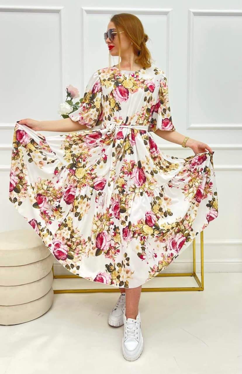 White Short Sleeve Midi Dress Floral Print