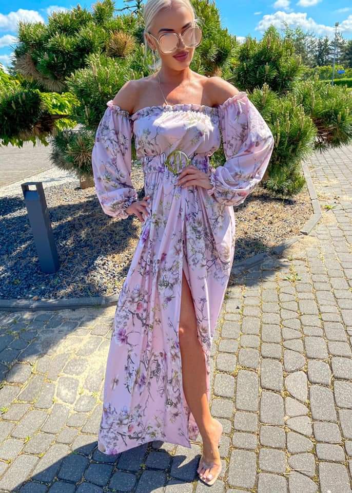 Light Pink Maxi Off Shoulder Dress Floral Pattern