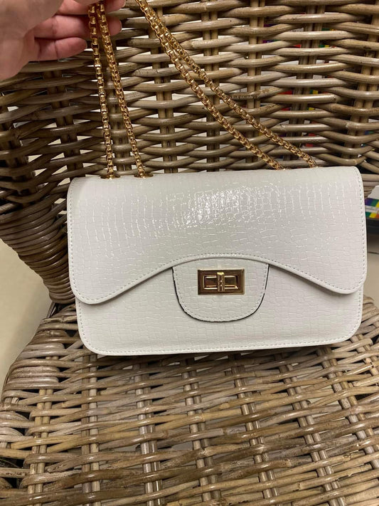 White Crocodile Embossed Handbag