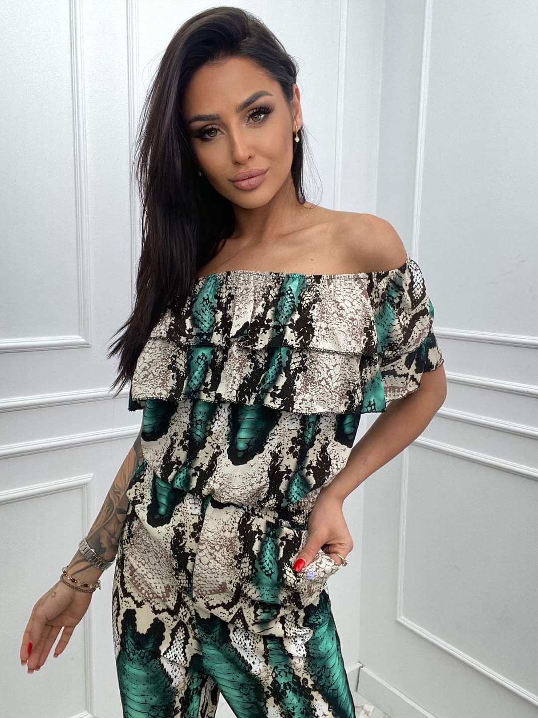 Green Snake Print Off Shoulder Jumpsuit One Size