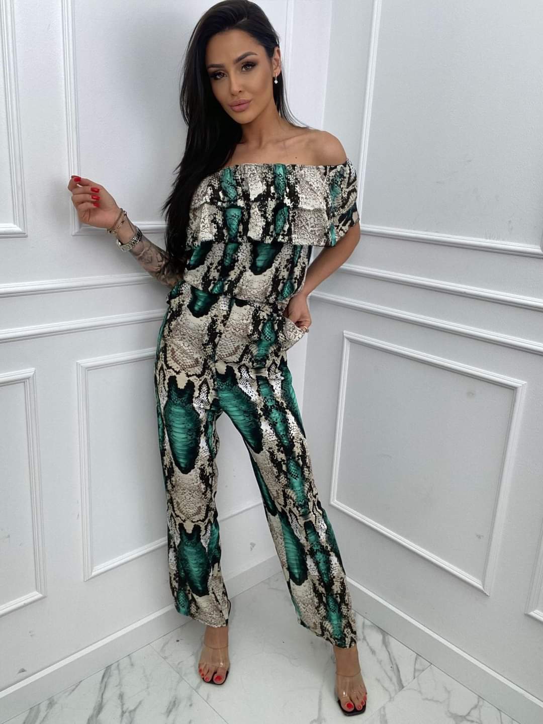 Green Snake Print Off Shoulder Jumpsuit One Size