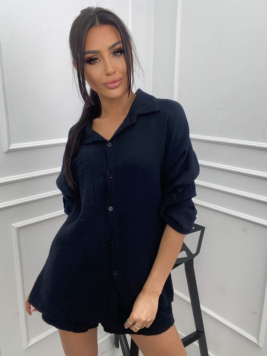 Black Muslin Two Piece Set Shirt And Shorts One Size