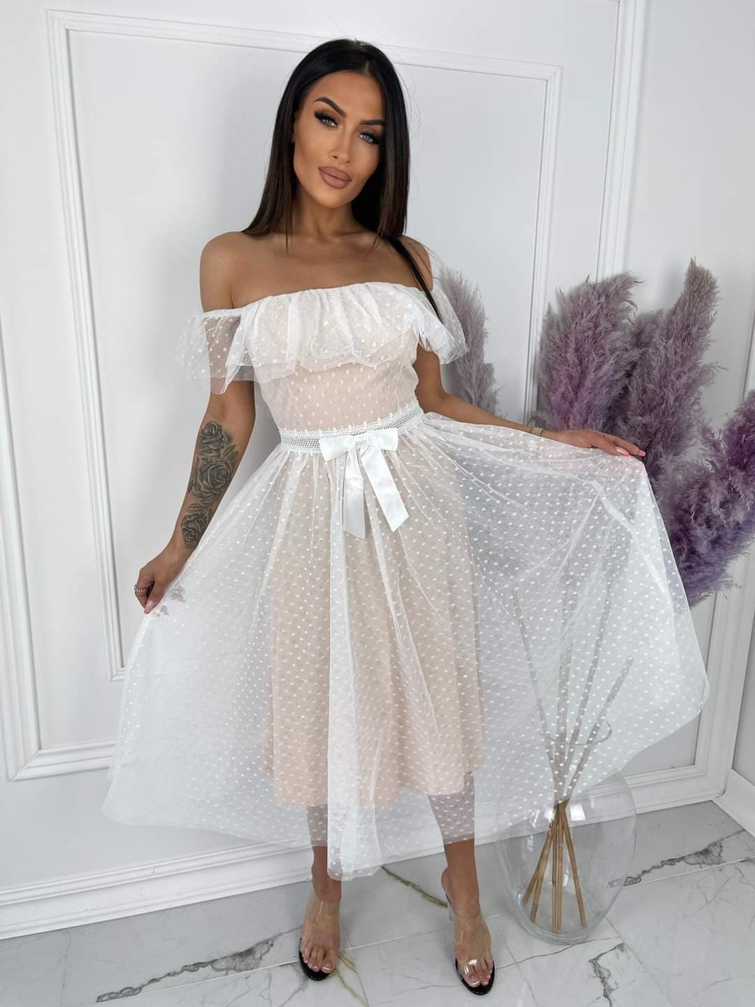 Midi Nude Off Shoulder Tutu Dress