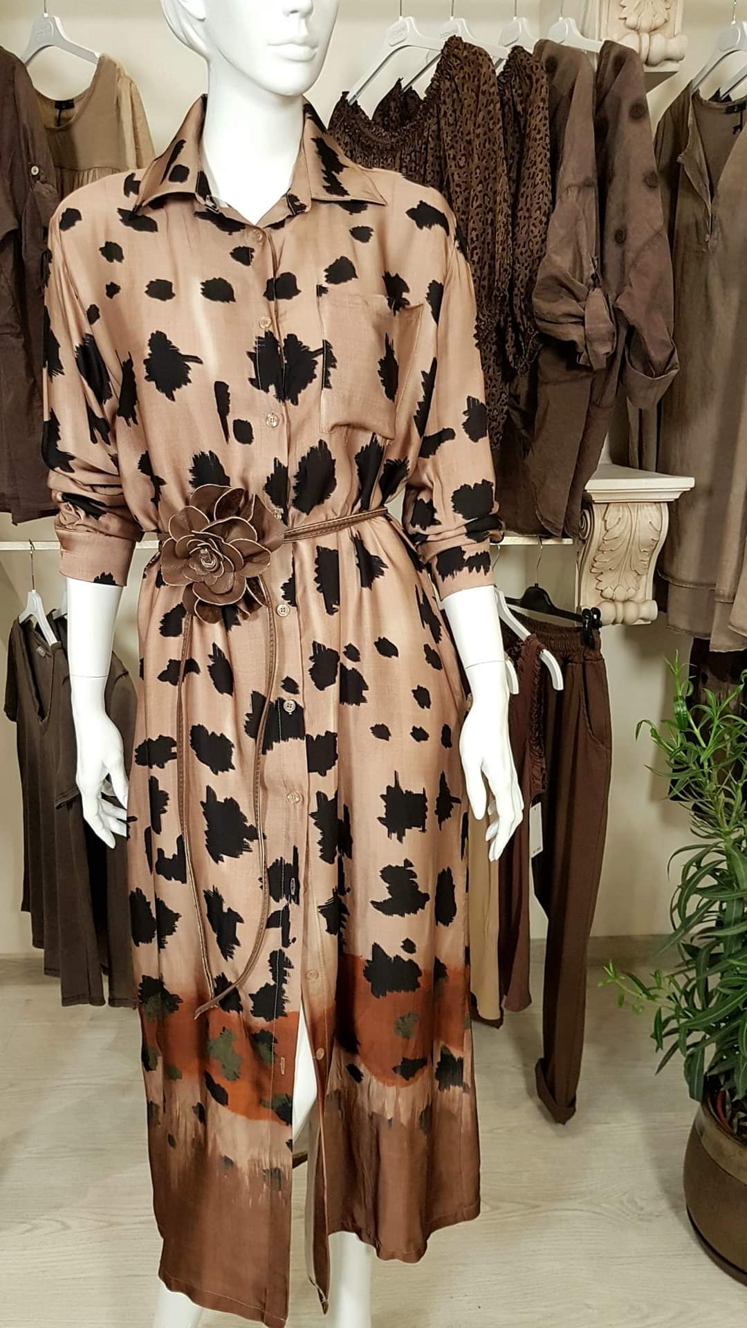 Brown Animal Print Maxi Shirt Long Sleeve Dress