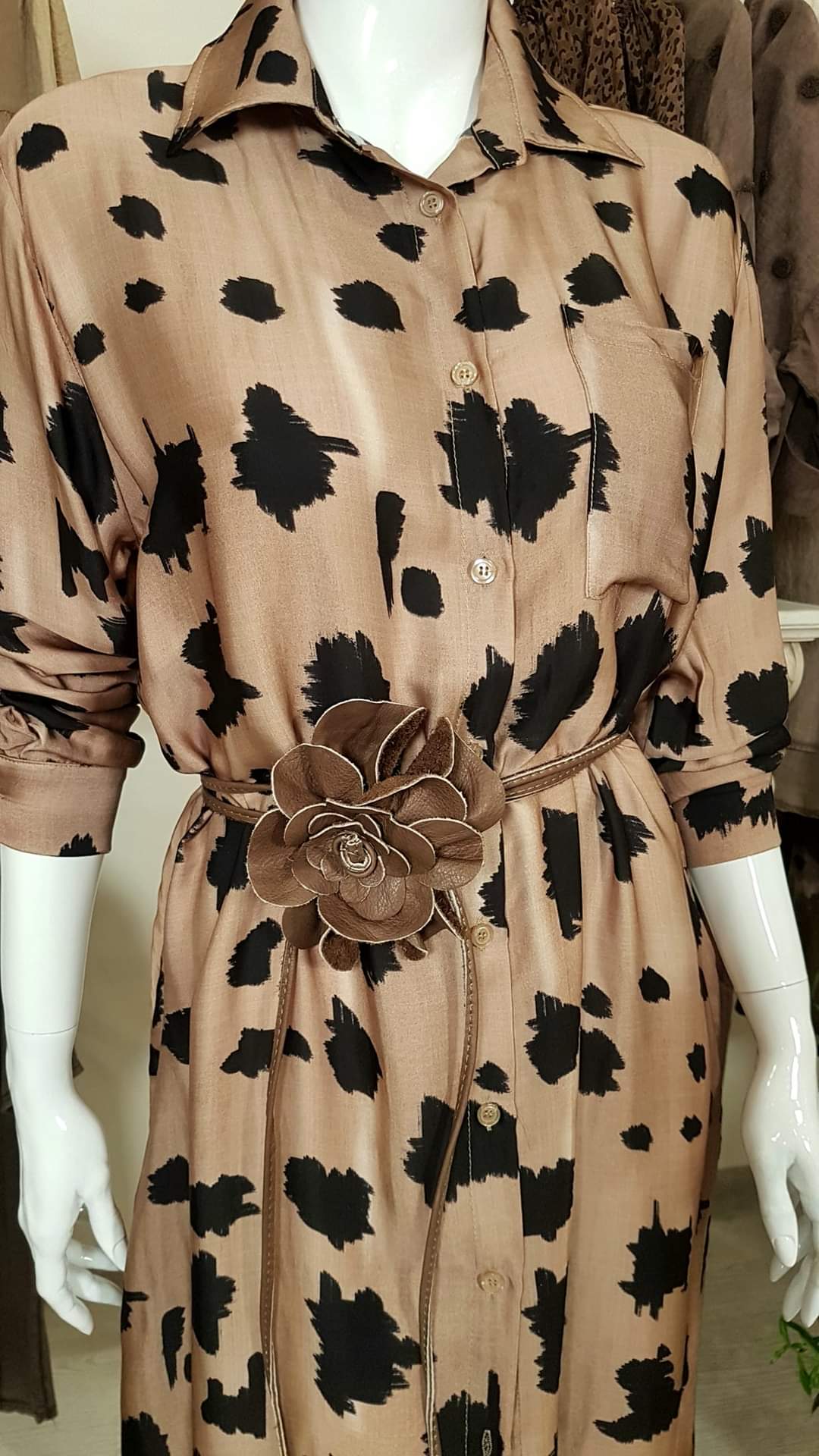 Brown Animal Print Maxi Shirt Long Sleeve Dress