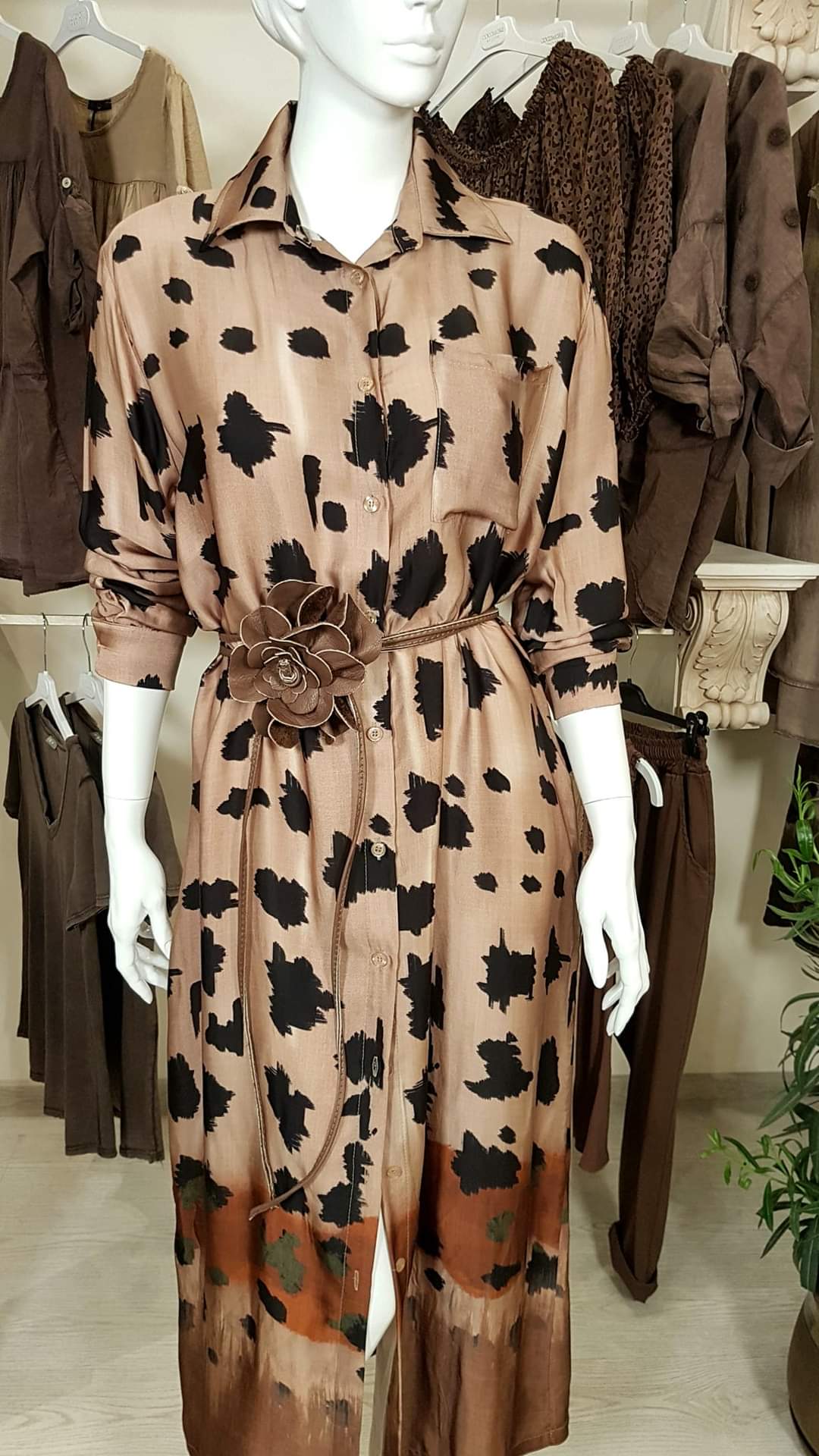 Brown Animal Print Maxi Shirt Long Sleeve Dress