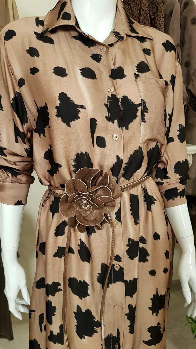 Brown Animal Print Maxi Shirt Long Sleeve Dress