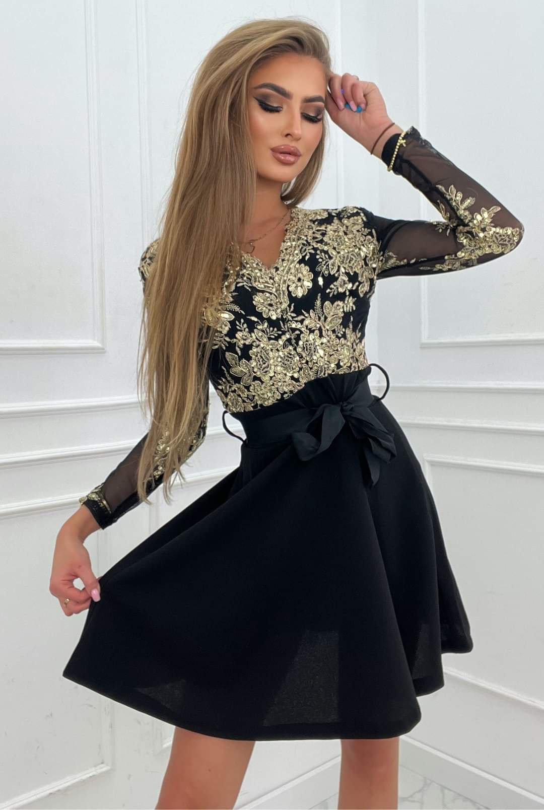 Black Mini Skater Dress With Lace Top