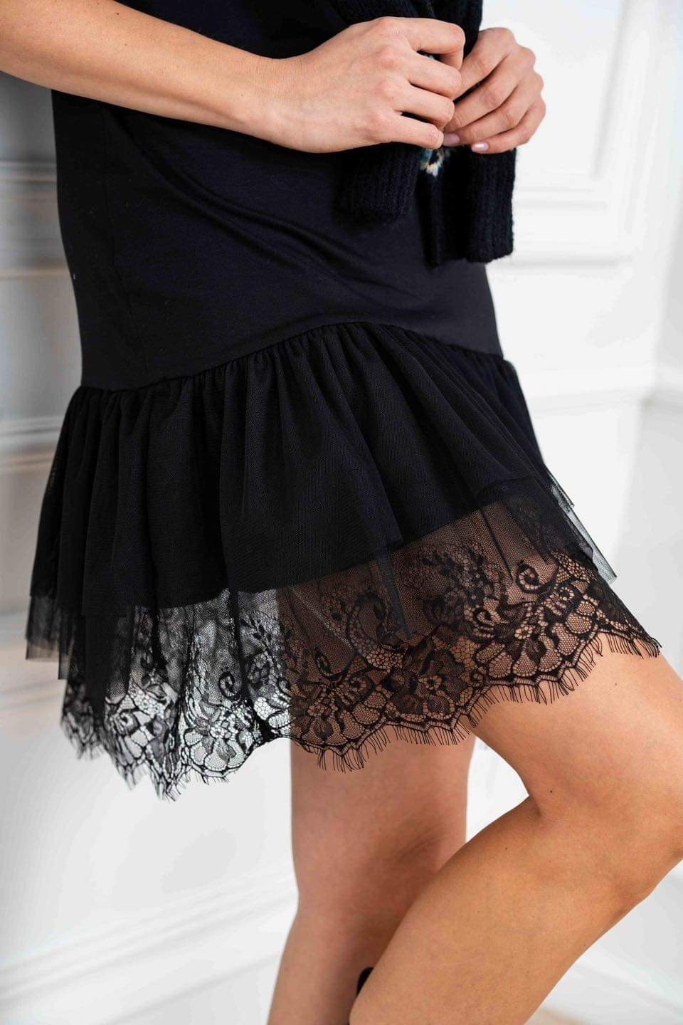 Black Short Strappy Dress With Lace Trim