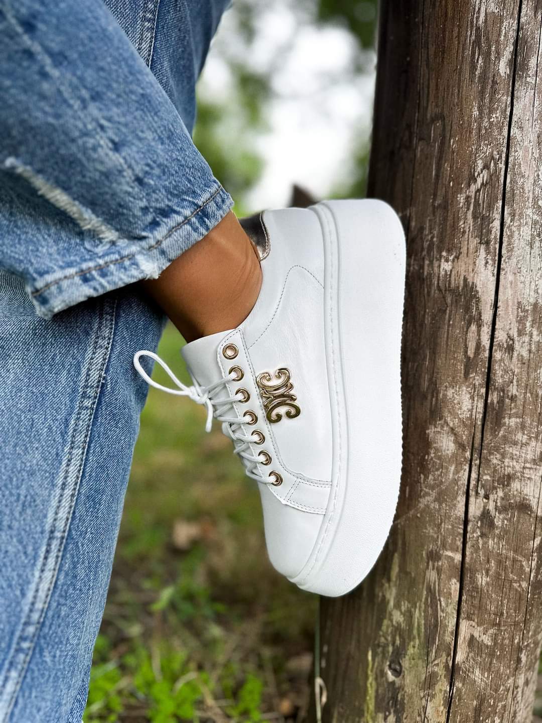 Women's White Leather Platform Loafers, White Caline Platform