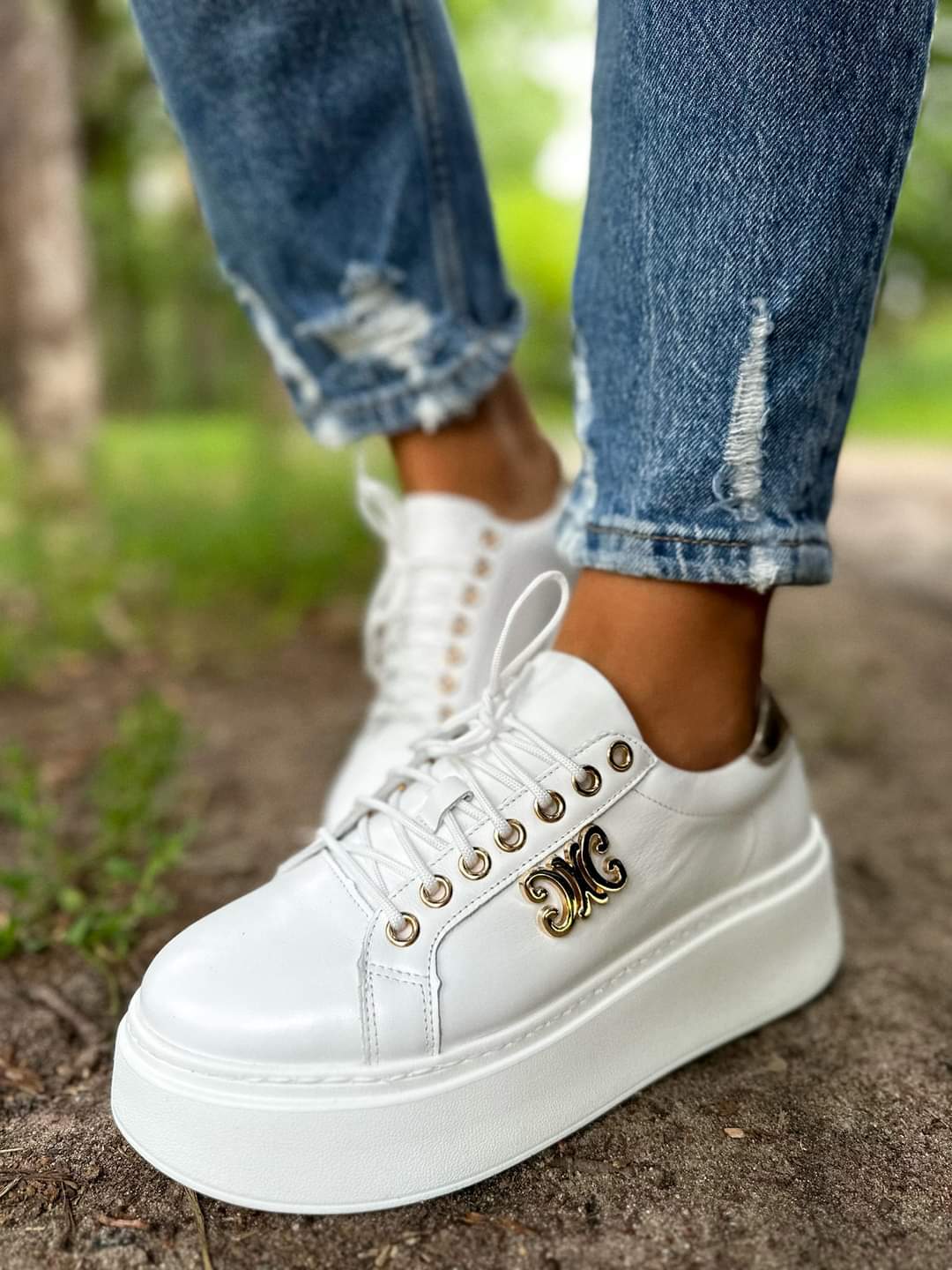 Women's White Leather Platform Loafers, White Caline Platform Trainers 3-7 UK Sizes