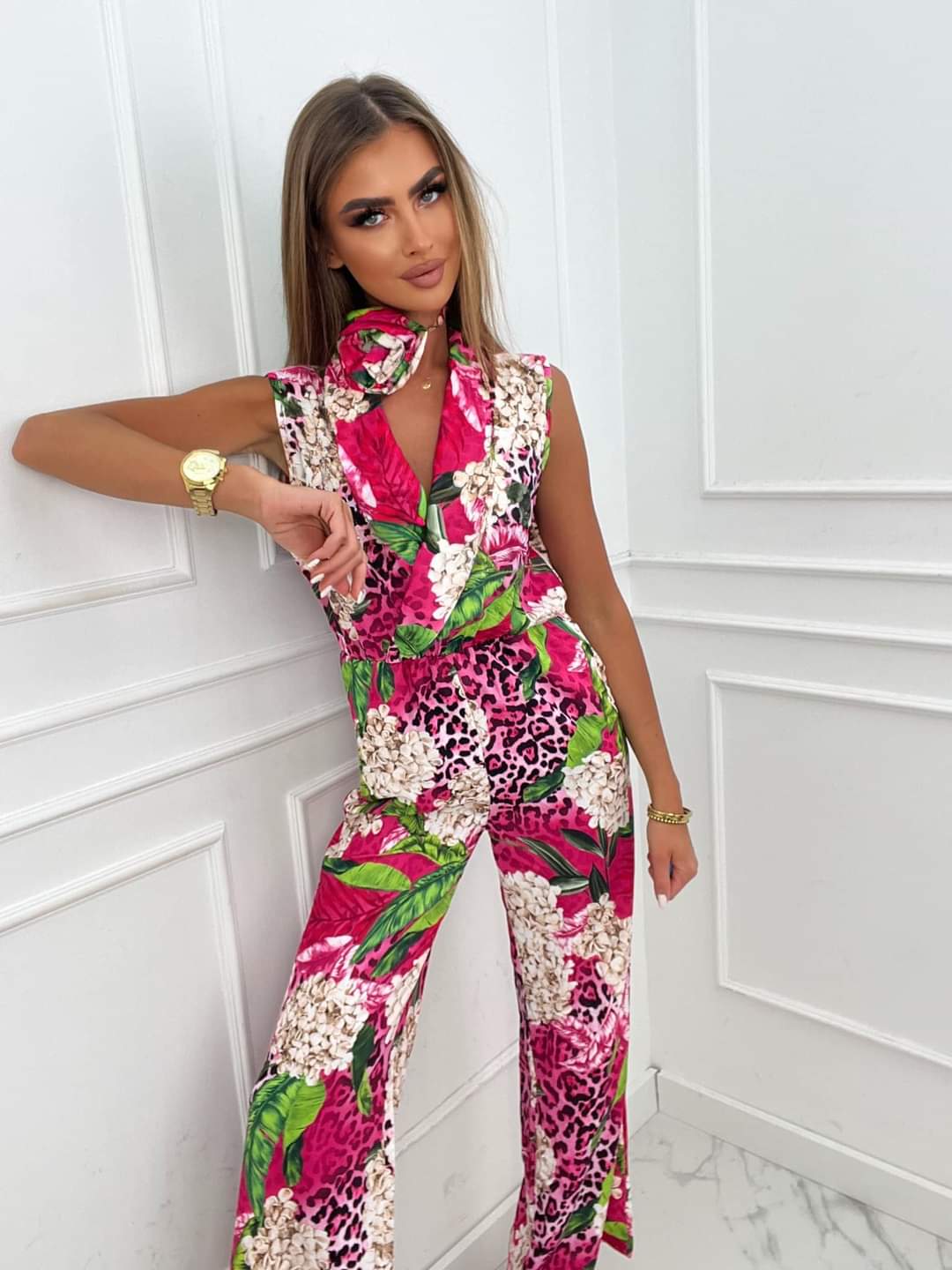 Pink Floral Wide Leg Jumpsuit One Size