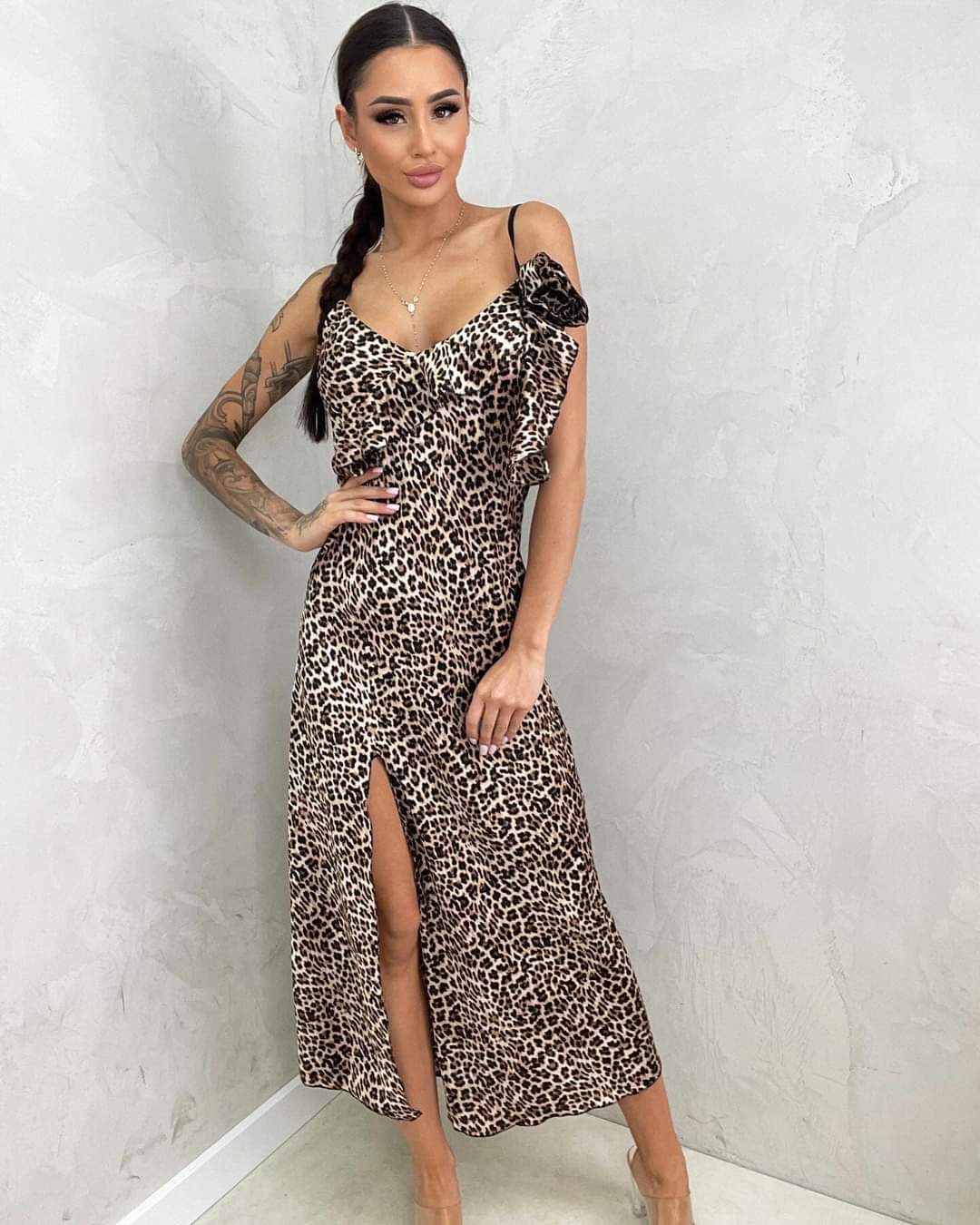Leopard Print Cami Satin Maxi Dress With Leg Split