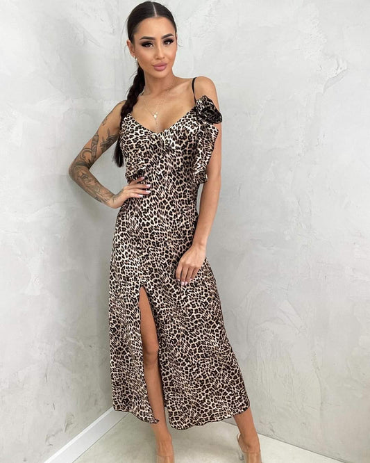 Leopard Print Cami Satin Maxi Dress With Leg Split