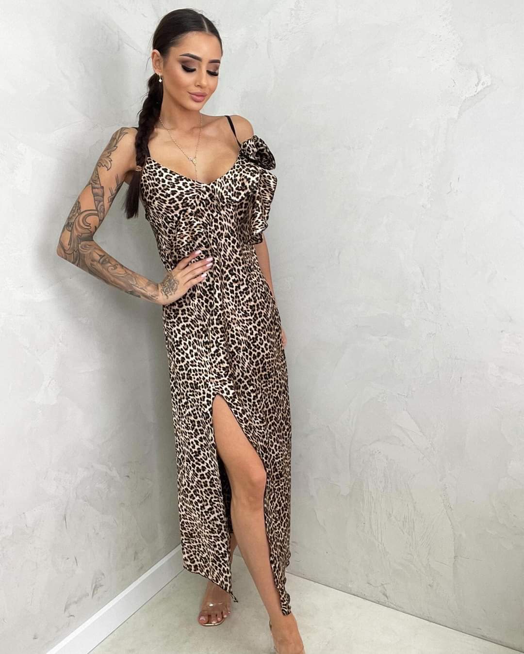 Leopard Print Cami Satin Maxi Dress With Leg Split