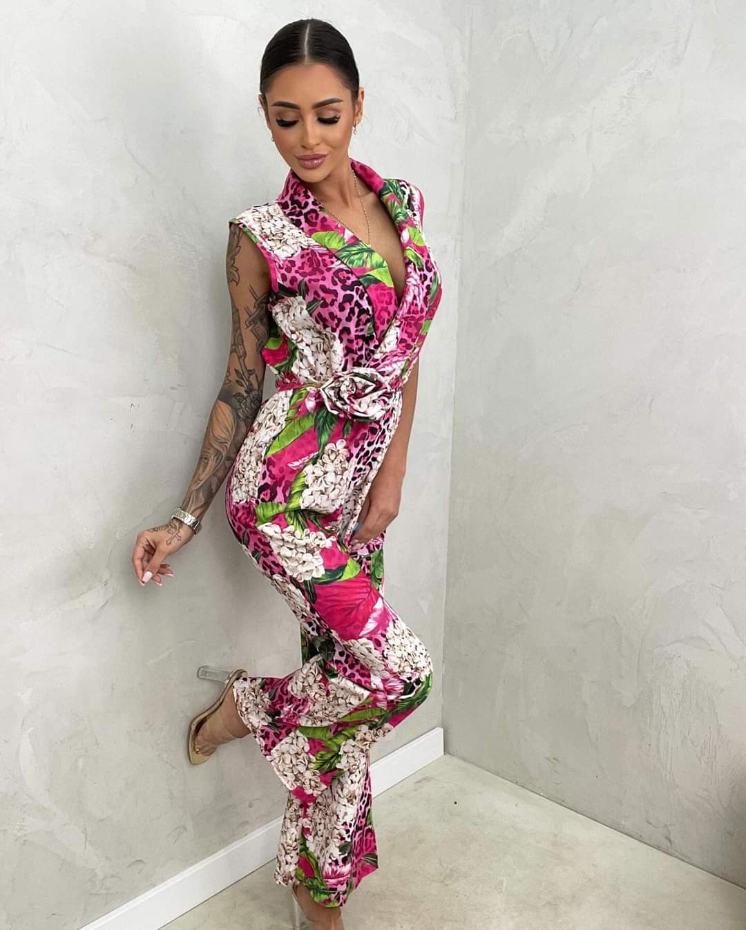 Pink Floral Wide Leg Jumpsuit One Size