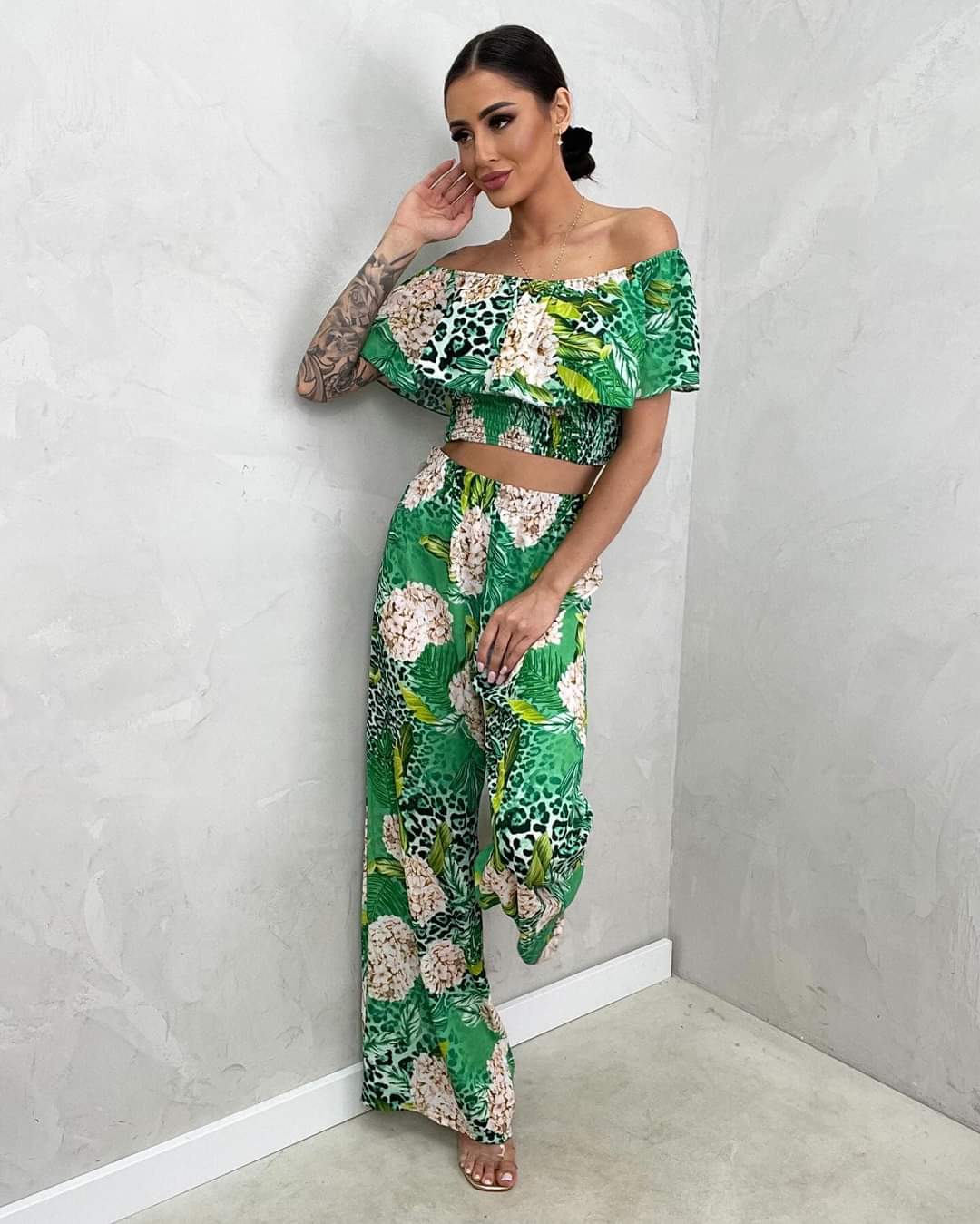 Green Floral Print Two Piece Co-ord Set