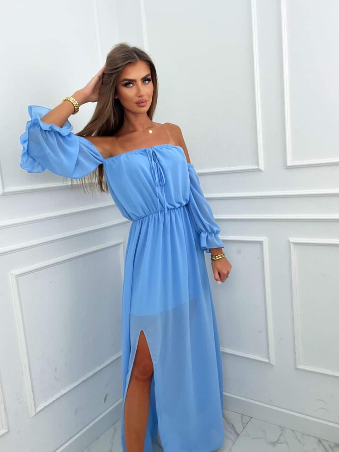 Blue Maxi Off Shoulder Dress With Leg Split