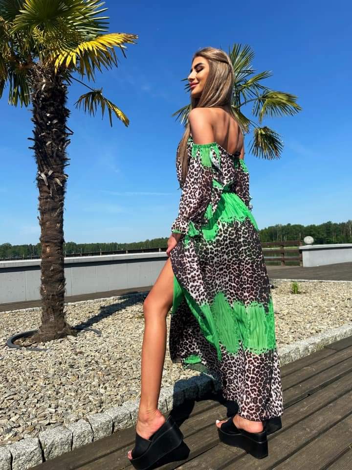 Green Leopard Print Maxi Off Shoulder Dress With Leg Split
