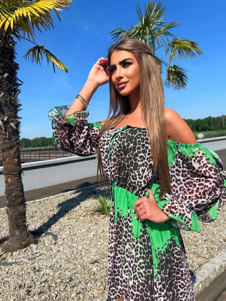 Green Leopard Print Maxi Off Shoulder Dress With Leg Split